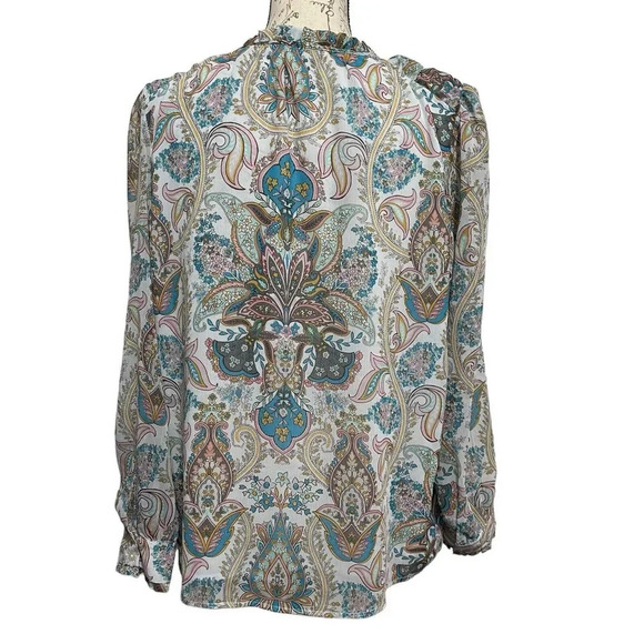 LOFT Paisley Floral Tie Front Long Sleeve Top Ruffle Artsy  Size Medium - Picture 2 of 9